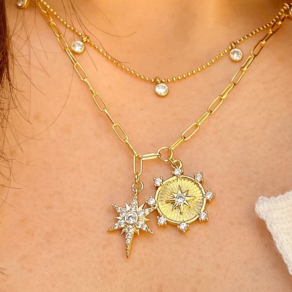 JENNIFER MILLER CZ Sun & Star Burst Charm Necklace Yellow Gold Plated